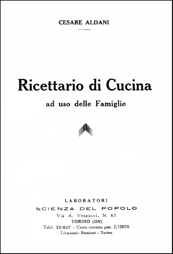 Aldani, Ricettario di Cucina, 1935