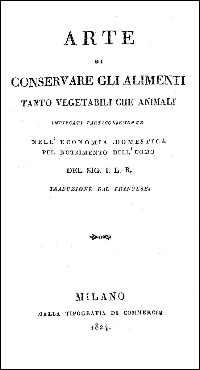 Arte di conservare gli alimenti, 1824. Frontespizio.